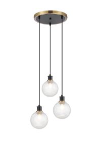 Jestero 38cm Round Pendant, 3 Light E14 With 15cm Round Textured Diamond Pattern Glass Shade, Brass, Clear & Satin Black