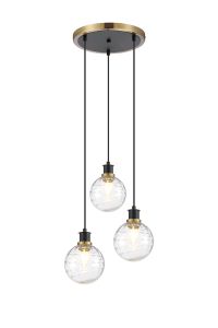 Jestero 38cm Round Pendant, 3 Light E14 With 15cm Round Textured Melting Glass Shade, Brass, Clear & Satin Black