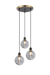 Jestero 38cm Round Pendant, 3 Light E14 With 15cm Round Double Textured Smooth / Ribbed Glass Shade, Brass, Smoke Plated & Satin Black
