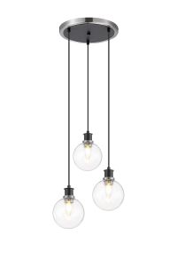 Jestero 38cm Round Pendant, 3 Light E14 With 15cm Round Glass Shade, Satin Nickel, Clear & Satin Black