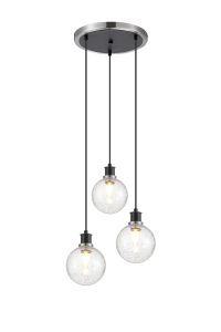 Jestero 38cm Round Pendant, 3 Light E14 With 15cm Round Crackled Glass Shade, Satin Nickel, Clear & Satin Black