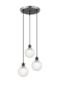 Jestero 38cm Round Pendant, 3 Light E14 With 15cm Round Textured Diamond Pattern Glass Shade, Satin Nickel, Clear & Satin Black