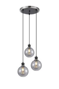 Jestero 38cm Round Pendant, 3 Light E14 With 15cm Round Segment Glass Shade, Satin Nickel, Smoke Plated & Satin Black