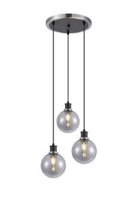 Jestero 38cm Round Pendant, 3 Light E14 With 15cm Round Glass Shade, Satin Nickel, Smoke Plated & Satin Black