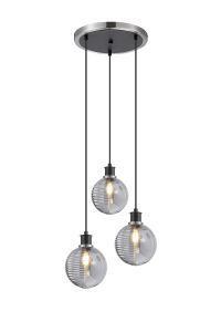Jestero 38cm Round Pendant, 3 Light E14 With 15cm Round Double Textured Smooth / Ribbed Glass Shade, Satin Nickel, Smoke Plated & Satin Black