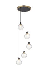 Jestero 48cm Round Pendant, 5 Light E14 With 15cm Round Crackled Glass Shade, Brass, Clear & Satin Black