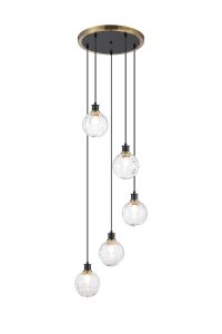 Jestero 48cm Round Pendant, 5 Light E14 With 15cm Round Textured Melting Glass Shade, Brass, Clear & Satin Black