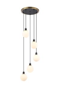Jestero 48cm Round Pendant, 5 Light E14 With 15cm Round Glass Shade, Brass, Opal & Satin Black
