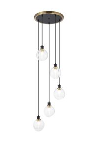 Jestero 48cm Round Pendant, 5 Light E14 With 15cm Round Ribbed Glass Shade, Brass, Clear & Satin Black