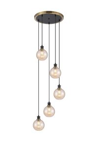 Jestero 48cm Round Pendant, 5 Light E14 With 15cm Round Segment Glass Shade, Brass, Amber Plated & Satin Black
