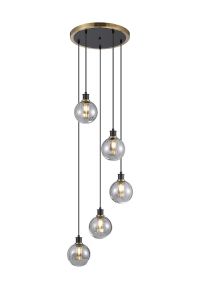 Jestero 48cm Round Pendant, 5 Light E14 With 15cm Round Segment Glass Shade, Brass, Smoke Plated & Satin Black