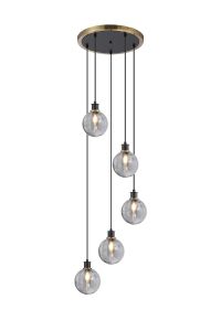 Jestero 48cm Round Pendant, 5 Light E14 With 15cm Round Double Textured Smooth / Ribbed Glass Shade, Brass, Smoke Plated & Satin Black