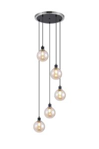 Jestero 48cm Round Pendant, 5 Light E14 With 15cm Round Glass Shade, Satin Nickel, Amber Plated & Satin Black
