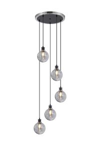 Jestero 48cm Round Pendant, 5 Light E14 With 15cm Round Double Textured Smooth / Ribbed Glass Shade, Satin Nickel, Smoke Plated & Satin Black