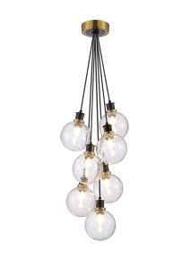 Jestero 45cm Round Cluster Pendant, 7 Light E14 With 15cm Round Crackled Glass Shade, Brass, Clear & Satin Black