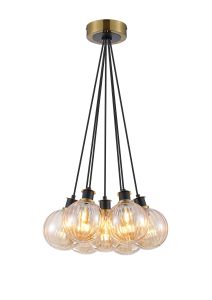 Jestero 45cm Round Cluster Pendant, 7 Light E14 With 15cm Round Segment Glass Shade, Brass, Amber Plated & Satin Black