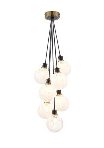 Jestero 45cm Round Cluster Pendant, 7 Light E14 With 15cm Round Speckled Glass Shade, Brass, White & Satin Black