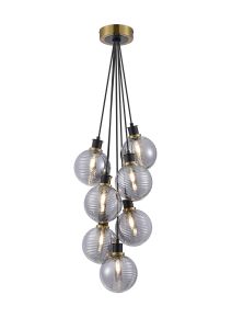 Jestero 45cm Round Cluster Pendant, 7 Light E14 With 15cm Round Double Textured Smooth/Ribbed Glass Shade, Brass, Smoke Plated & Satin Black