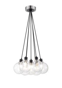 Jestero 45cm Round Cluster Pendant, 7 Light E14 With 15cm Round Crackled Glass Shade, Satin Nickel, Clear & Satin Black