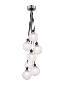 Jestero 45cm Round Cluster Pendant, 7 Light E14 With 15cm Round Textured Diamond Pattern Glass Shade, Satin Nickel, Clear & Satin Black