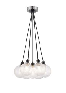 Jestero 45cm Round Cluster Pendant, 7 Light E14 With 15cm Round Dimpled Glass Shade, Satin Nickel, Clear & Satin Black