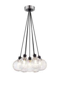 Jestero 45cm Round Cluster Pendant, 7 Light E14 With 15cm Round Textured Melting Glass Shade, Satin Nickel, Clear & Satin Black