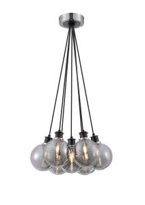 Jestero 45cm Round Cluster Pendant, 7 Light E14 With 15cm Round Double Textured Smooth/Ribbed Glass Shade, Satin Nickel, Smoke Plated & Black
