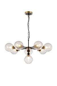 Jestero 84cm Pendant, 8 Light E14 With 15cm Round Crackled Glass Shade, Brass, Clear & Satin Black