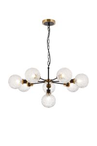 Jestero 84cm Pendant, 8 Light E14 With 15cm Round Textured Crumple Glass Shade, Brass, Clear & Satin Black