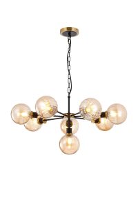 Jestero 84cm Pendant, 8 Light E14 With 15cm Round Segment Glass Shade, Brass, Amber Plated & Satin Black