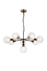 Jestero 84cm Pendant, 8 Light E14 With 15cm Round Segment Glass Shade, Brass, Clear & Satin Black