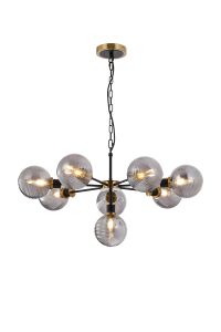 Jestero 84cm Pendant, 8 Light E14 With 15cm Round Double Textured Smooth / Ribbed Glass Shade, Brass, Smoke Plated & Satin Black