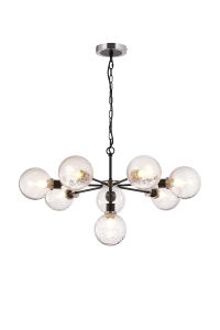 Jestero 84cm Pendant, 8 Light E14 With 15cm Round Crackled Glass Shade, Satin Nickel, Clear & Satin Black