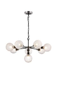 Jestero 84cm Pendant, 8 Light E14 With 15cm Round Textured Crumple Glass Shade, Satin Nickel, Clear & Satin Black