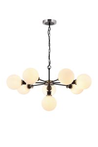 Jestero 84cm Pendant, 8 Light E14 With 15cm Round Glass Shade, Satin Nickel, Opal & Satin Black
