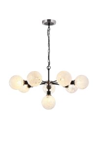 Jestero 84cm Pendant, 8 Light E14 With 15cm Round Speckled Glass Shade, Satin Nickel, White & Satin Black