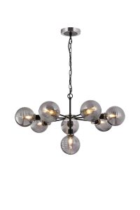 Jestero 84cm Pendant, 8 Light E14 With 15cm Round Double Textured Smooth / Ribbed Glass Shade, Satin Nickel, Smoke Plated & Satin Black