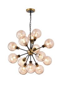 Jestero 78cm Pendant, 14 Light E14 With 15cm Round Segment Glass Shade, Brass, Amber Plated & Satin Black