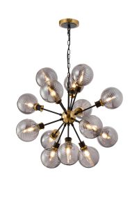 Jestero 78cm Pendant, 14 Light E14 With 15cm Round Double Textured Smooth / Ribbed Glass Shade, Brass, Smoke Plated & Satin Black