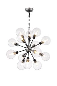 Jestero 78cm Pendant, 14 Light E14 With 15cm Round Glass Shade, Satin Nickel, Clear & Satin Black