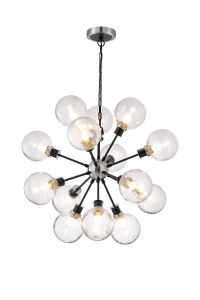 Jestero 78cm Pendant, 14 Light E14 With 15cm Round Crackled Glass Shade, Satin Nickel, Clear & Satin Black
