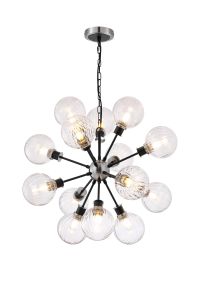 Jestero 78cm Pendant, 14 Light E14 With 15cm Round Segment Glass Shade, Satin Nickel, Clear & Satin Black