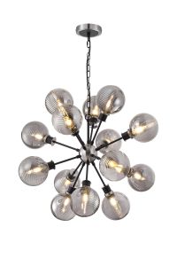 Jestero 78cm Pendant, 14 Light E14 With 15cm Round Double Textured Smooth / Ribbed Glass Shade, Satin Nickel, Smoke Plated & Satin Black