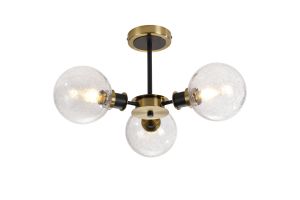 Jestero 53cm Semi Ceiling, 3 Light E14 With 15cm Round Crackled Glass Shade, Brass, Clear & Satin Black