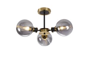 Jestero 53cm Semi Ceiling, 3 Light E14 With 15cm Round Double Textured Smooth / Ribbed Glass Shade, Brass, Smoke Plated & Satin Black