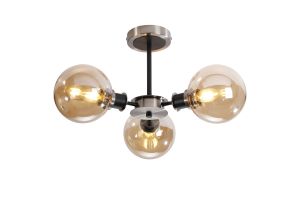 Jestero 53cm Semi Ceiling, 3 Light E14 With 15cm Round Glass Shade, Satin Nickel, Amber Plated & Satin Black