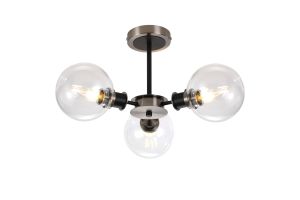 Jestero 53cm Semi Ceiling, 3 Light E14 With 15cm Round Glass Shade, Satin Nickel, Clear & Satin Black