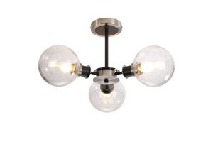 Jestero 53cm Semi Ceiling, 3 Light E14 With 15cm Round Crackled Glass Shade, Satin Nickel, Clear & Satin Black
