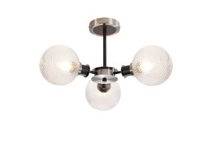 Jestero 53cm Semi Ceiling, 3 Light E14 With 15cm Round Textured Diamond Pattern Glass Shade, Satin Nickel, Clear & Satin Black