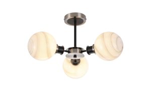 Jestero 53cm Semi Ceiling, 3 Light E14 With 15cm Round White & Grey Marble Effect Glass Shade, Satin Nickel & Satin Black Framework